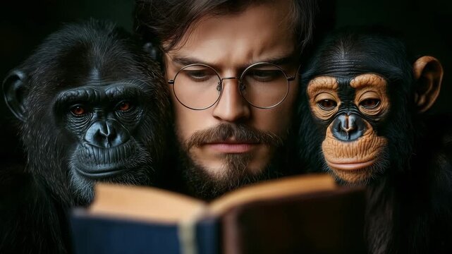 Man reads a book with two attentive monkeys in a dimly lit room