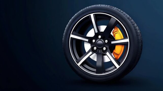 Stylish black alloy wheel with vibrant brake caliper against dark background
