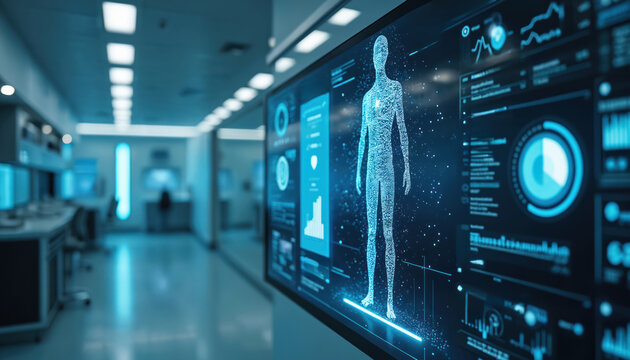 Digital human body projection on futuristic screen displays medical data charts, graphs. Advanced technology for health analysis, patient monitoring. Futuristic interface for diagnostics, treatment