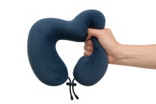 Hand squeezing a blue neck pillow, testing its soft memory foam for ultimate travel comfort and relaxation