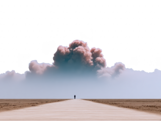 Lonely figure walks along empty desert road toward dramatic cloud formation, evoking solitude and introspection in vast barren landscape under clear sky
