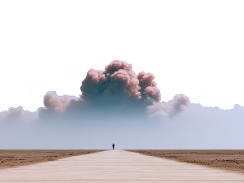 Lonely figure walks along empty desert road toward dramatic cloud formation, evoking solitude and introspection in vast barren landscape under clear sky