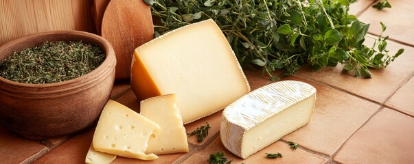 Fototapeta premium Cheese Still Life Variety of Cheeses, Herbs, Wooden Bowl, Food , Dairy