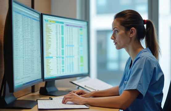 Young female medical pro works on computer. Uses dual monitors for data entry, analyzing health records, billing info. Woman wears blue scrubs, performs admin tasks in office managing patient data, - Powered by Adobe
