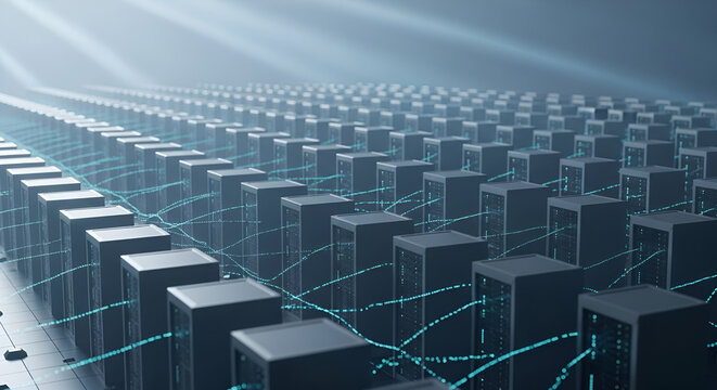 Infinite rows of data servers connected by glowing lines representing digital flow.