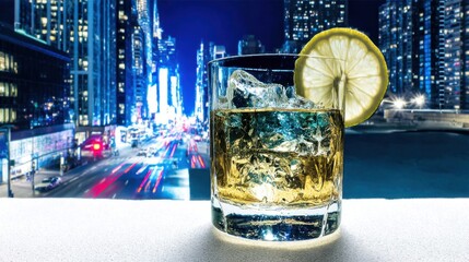 A glass of whiskey with ice and lemon against the backdrop of a city at night. The contrast between the coziness and dynamism of the metropolis is perfect for urban and nightlife themes.