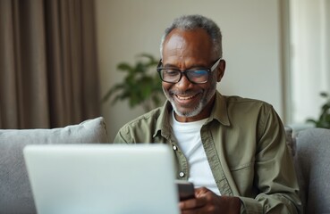 Smiling middle aged black man with glasses uses laptop and phone while relaxing on sofa. He browses internet and watches videos for leisure or work at home.