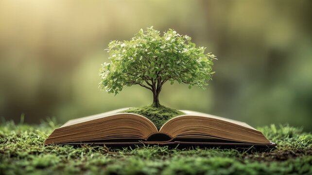 Growth from Knowledge A Tree Sprouting from the Pages of an Open Book on Mossy Ground - Powered by Adobe