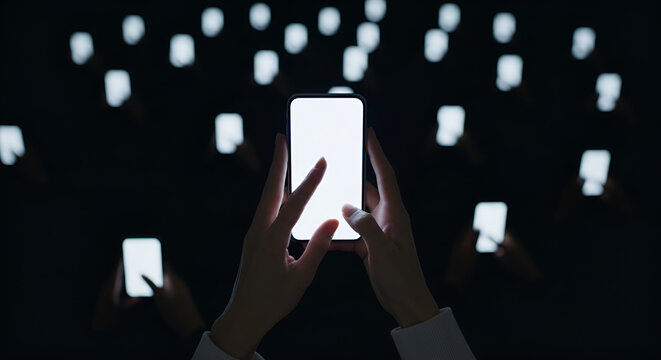 Hands using a smartphone with a bright white screen among a dark crowd of glowing devices. - Powered by Adobe