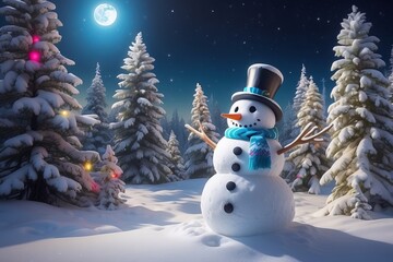 Festive snowman wearing top hat and scarf in winter forest