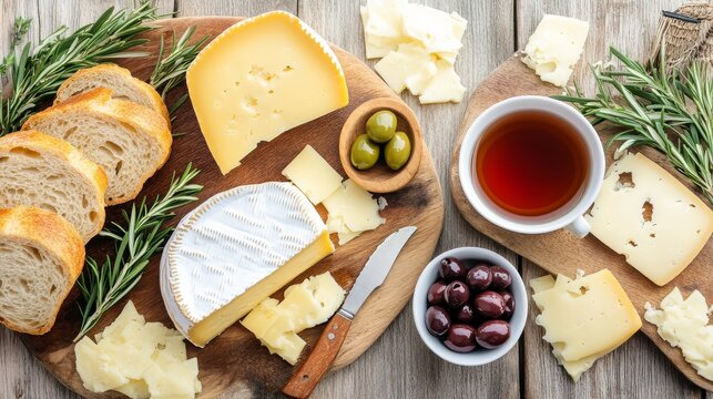 Gourmet Cheese Board Brie, Sliced Bread, Olives and Tea, Appetizer , Snack - Powered by Adobe