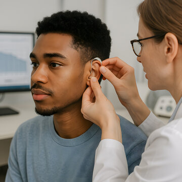 Audiologist fitting a young man with a modern hearing aid