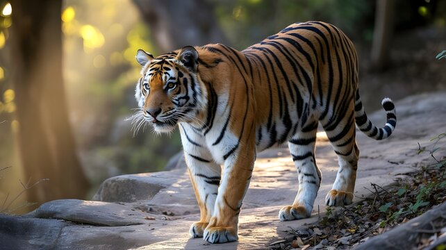 A tiger walking through a forest with sunlight shining through trees