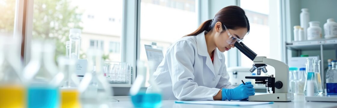 Asian female scientist researches medical samples using microscope in bright modern lab. She wears protective glasses, blue gloves, noting findings on paper. Equipment for science tests surrounds her.