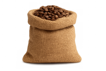 Coffee beans filling a burlap bag, showing fresh roasted arabica coffee for beverage production, transparent background