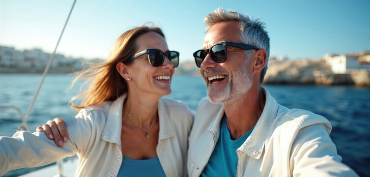 Mature couple enjoys sunny day sailing on luxury yacht. They laugh together, sharing a happy vacation moment on the blue sea with coastal town in background. Relaxed lifestyle.