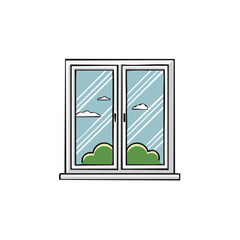 Naklejka premium Simple illustration of a double pane window revealing a blue sky with clouds and green bushes below