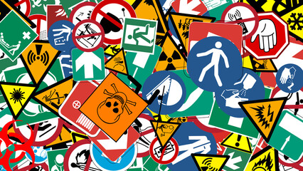 safety signs with pictograms and shapes like circles triangles squares to signal dangerous places