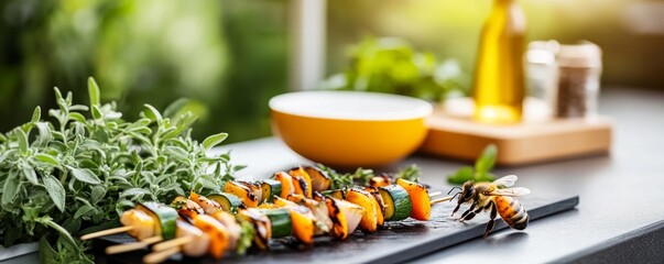 Grilled Vegetable Skewers with Bee Close-Up, healthy food , vegetarian