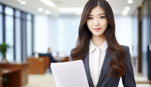 Professional woman in business attire holding documents stands confidently in modern office environment