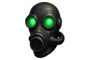 Futuristic gas mask with glowing green eyes, emphasizing concepts of danger, toxicity, and ultimate protection for survival