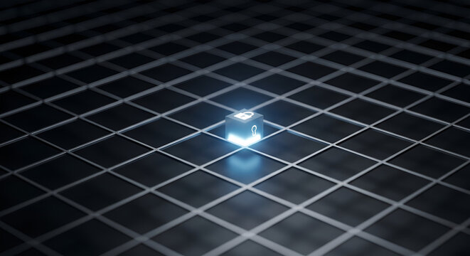 Digital security padlock icon glowing on a dark abstract grid background