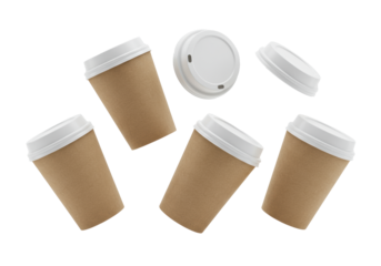 five blank matte kraft brown coffee cups and white plastic lids floating dynamically against a transparent studio background, ultra detailed product mockup ready for graphic design implementation