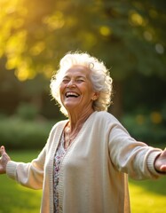 Fototapeta premium Happy senior woman laughs with joy outdoors. Elderly lady with open arms celebrates life in sunny garden. Retired female enjoys freedom, natural beauty, stretching happily in green park. Golden hour