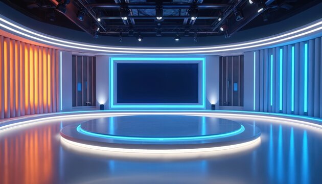 Futuristic studio set with vibrant blue, orange lighting. Circular stage platform dominates space, flanked by illuminated vertical panels. Modern broadcast environment ideal for tech content, gaming