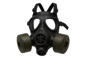 Black gas mask with green filters providing protection against airborne threats and hazardous environments