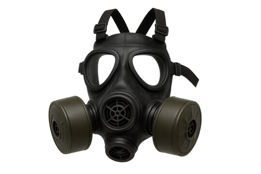 Black gas mask with green filters providing protection against airborne threats and hazardous environments