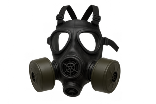 Black gas mask with green filters providing protection against airborne threats and hazardous environments