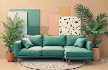 Fototapeta premium Turquoise sofa with potted plants in minimal room setting. Color palette swatches on wall behind. Modern Scandinavian style interior design inspiration.