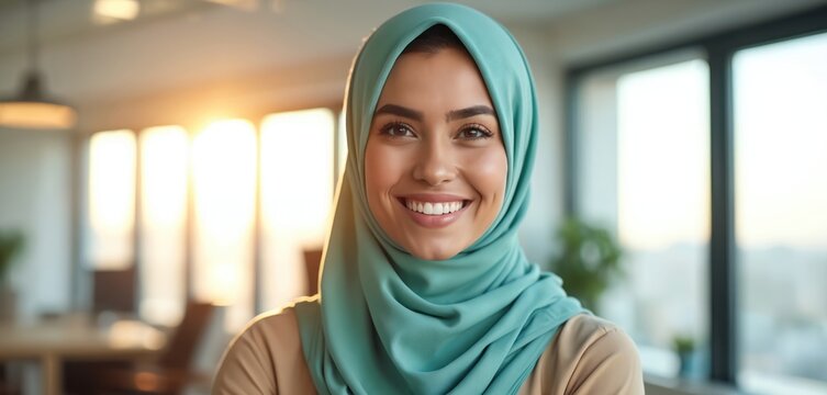 Smiling Muslim businesswoman wears teal hijab in bright modern office. Confident female executive represents Islamic success and corporate leadership. Professional portrait reflects work motivation.