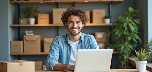 Happy businessman works with laptop at home. Online seller with box. E-commerce owner, freelance worker smiles. Boxes, flowers on shelf. Man manages small business, receives orders, packs product.
