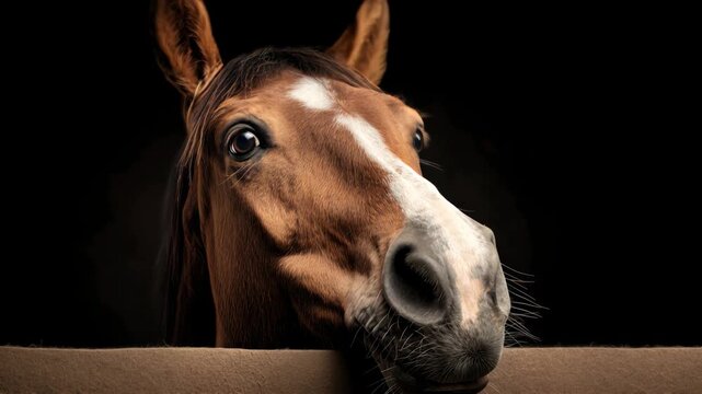 A close-up of a brown horse with a white blaze on its face. The horse has large, expressive eyes and a curious expression, set against a dark background.