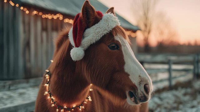 A brown horse wearing a Santa hat and Christmas lights stands in a snowy field at sunset. The barn in the background is decorated with festive lights.