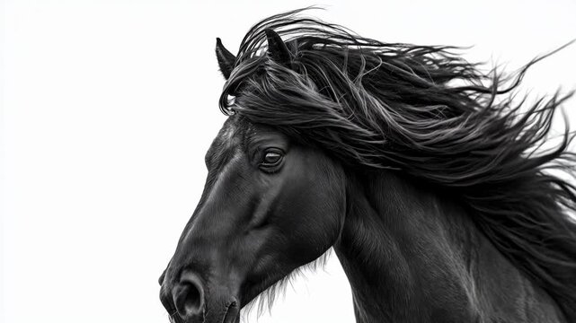 A majestic black horse with flowing mane stands against a white background. The horse's features are sharp and defined, showcasing its strength and elegance.