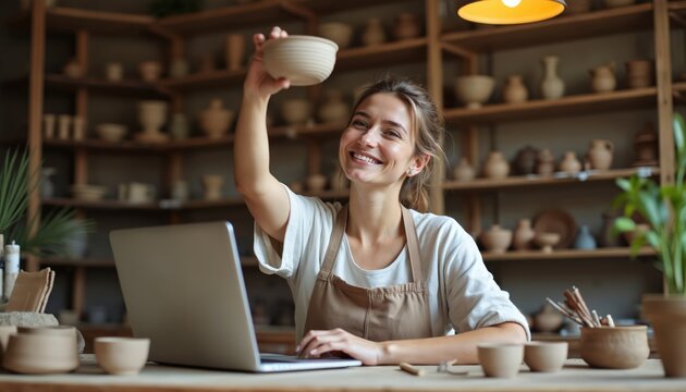 Woman potter sits at desk with laptop in workshop holding handmade bowl. She smiles at camera showing her craft created in studio. Small business owner sells ceramics online. - Powered by Adobe