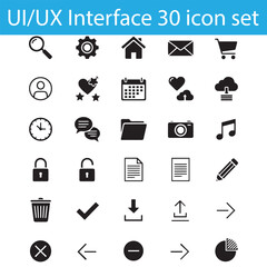 UI UX Interface Icon Set, 30 Black Silhouette Vector Icons for Web, App, and User Interface Design