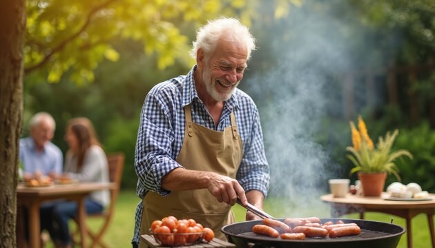 Smiling elderly man grills sausages outdoors while family dines at table in sunny garden. Happy generation enjoy summer barbecue party meal together.
