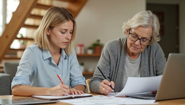 Senior woman and daughter work with documents at table. Mature mother helps young woman with paperwork at home. Females review bills and make notes near laptop. - Powered by Adobe