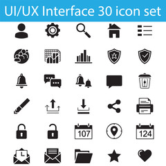 UI UX Interface Icon Set, 30 Black Silhouette Vector Icons for Web, App, and User Interface Design