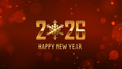 Golden 2026 numbers with a sparkling snowflake in the middle and happy new year text on a dark red bokeh background