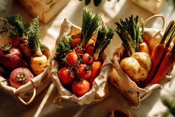 A delightful arrangement of vibrant organic vegetables in rustic bags.