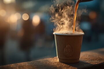 Hot coffee pouring into a paper cup with steam, blurred warm background.