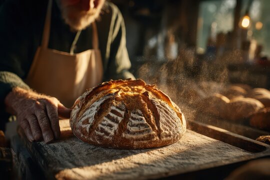 Artisan baker presents a warm, crusty sourdough loaf with flour dust.