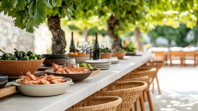 Outdoor Feast Shrimp, Fruits and Wine Under Vine Canopy, Alfresco, Dining - Powered by Adobe