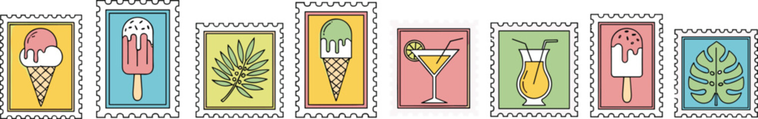 Summer stamps, ice cream, tropical drinks, popsicle icons, monstera leaf, cocktail glass, colorful design, flat vector illustration, vacation theme, fun set