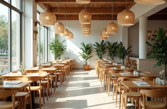 Modern restaurant interior with empty wooden tables, chairs arranged in neat rows. Natural light streams through large windows illuminating space filled with plants, creating calm dining atmosphere.